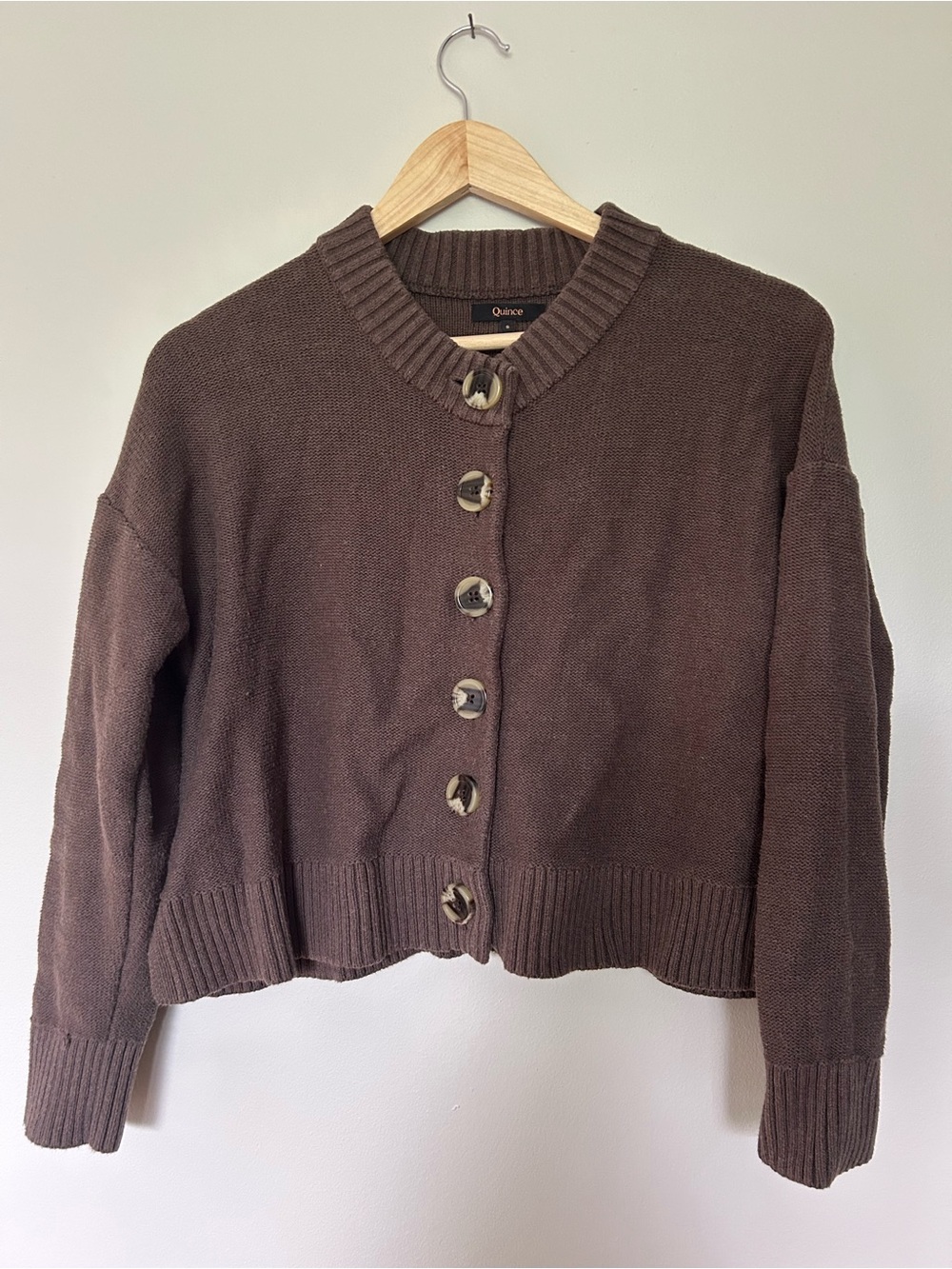 Quince Brown Ribbed Trim Button-Front Cardigan